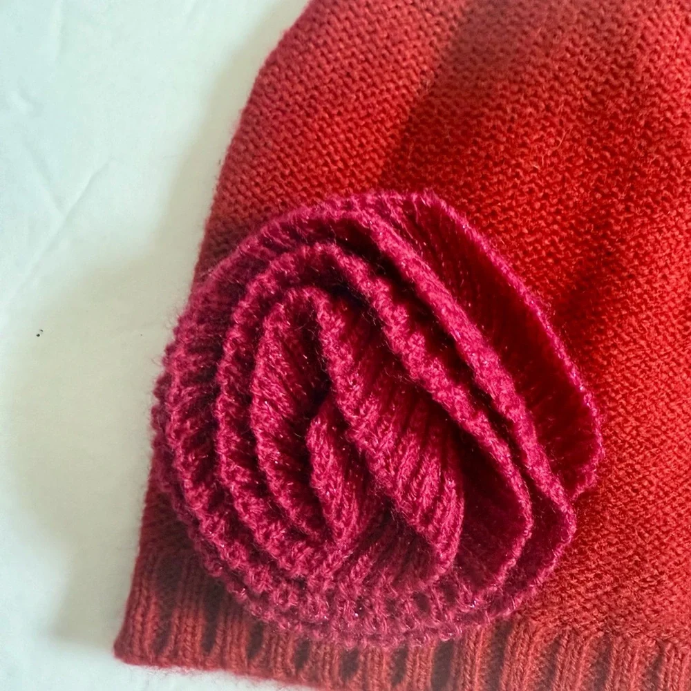 Kid's Little Girls Purple and Red Knit Beanie Hat Set with Flower Accent OS